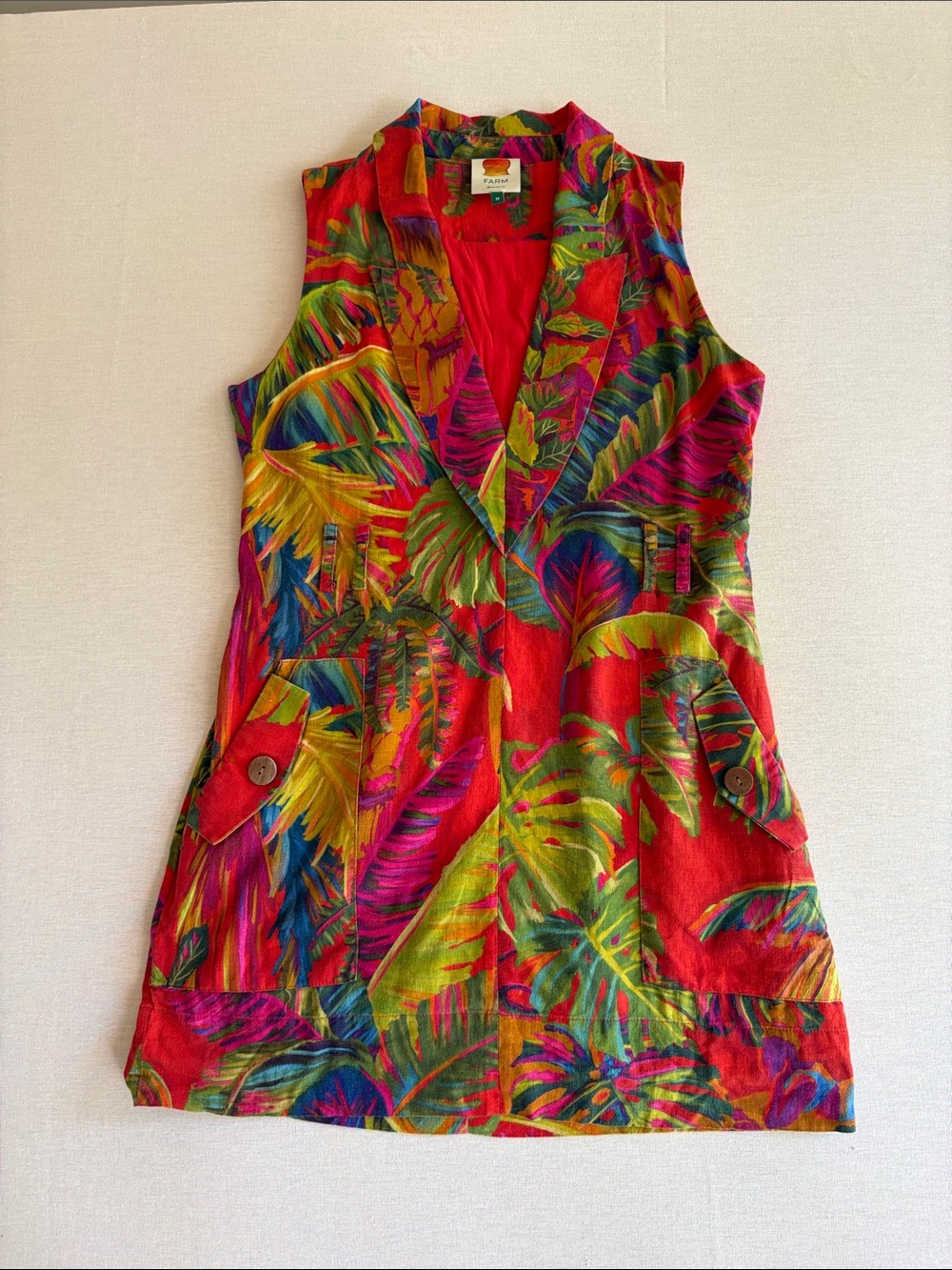 FARM Rio Urban Jungle Linen Printed Mini Dress Red Green Tropical Womens Size M